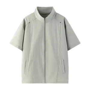 Men’s summer quick-dry high-stretch sports cardigan short-sleeve T-shirt; men’s zip-up breathable sun-protection stand collar top; casual comfortable style; solid color, minimalist design; trendy brand, versatile.