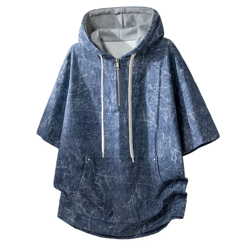 Men's Tie-Dye Oversized Half-Zip Short-Sleeve Hoodie - Breathable Outdoor Streetwear Pullover with Side Pockets, Summer Sweatshirt