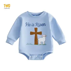 Newborn Baby Boy Easter Outfit He Is Risen Bunny Cross Embroidery Romper Oversized Pullover Sweatshirt Spring Outfit		 				