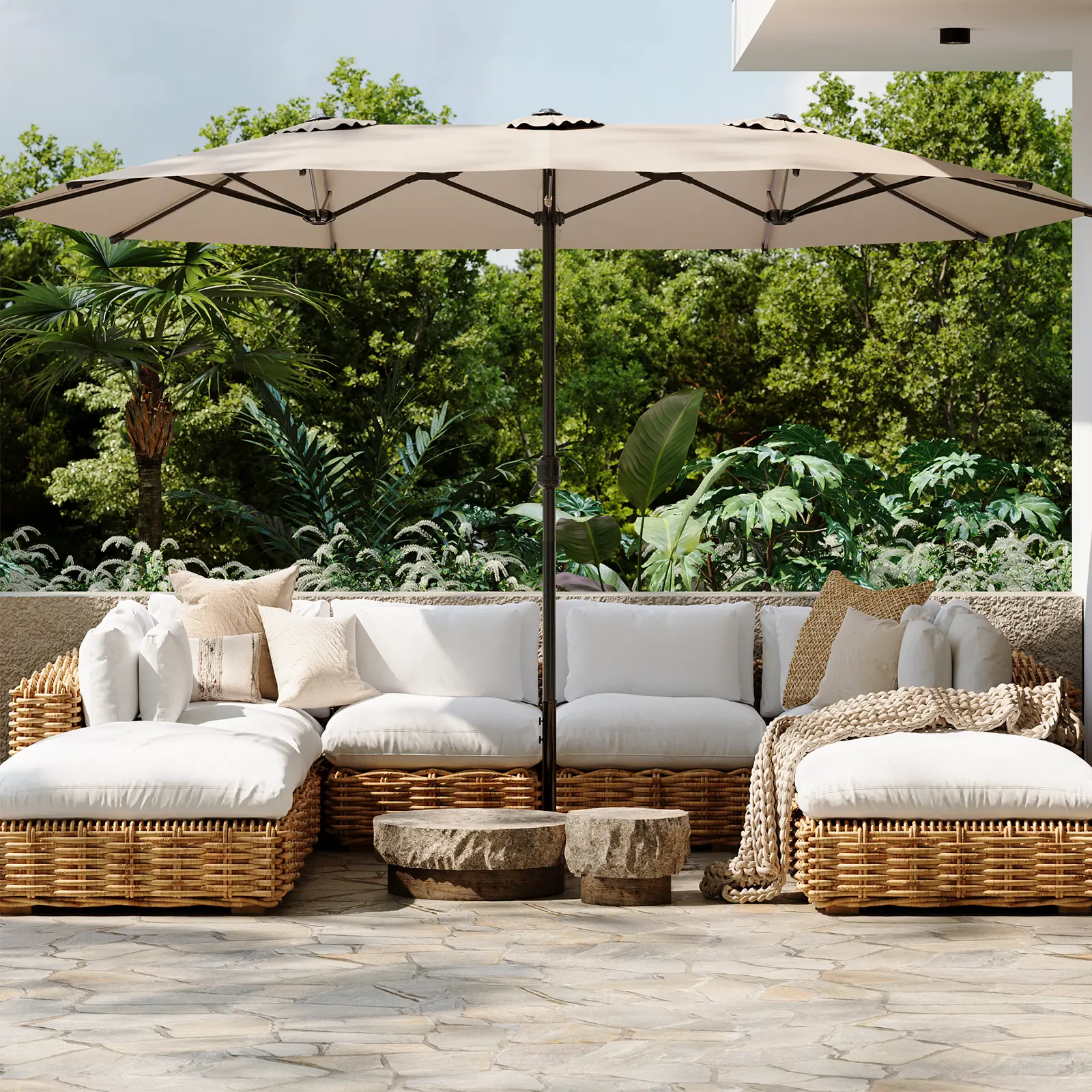 【No base】YODOLLA 15x9ft Double-Sided Patio Umbrella Outdoor Market Umbrella with Crank Air Vents for Patio(1.9" Pole, 5 Color) Base Not included Sunshade Canopy