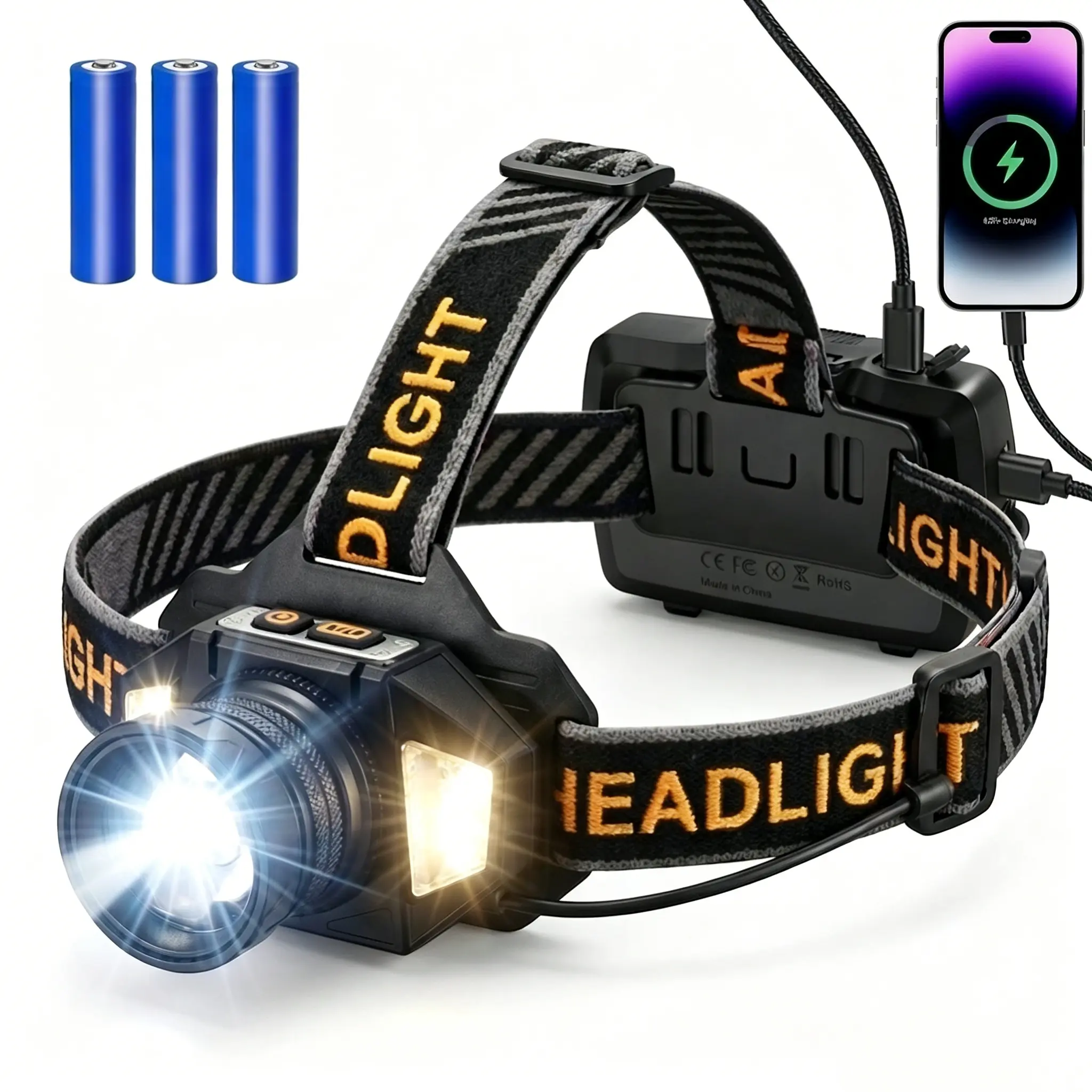 150000 Lumen Rechargeable Headlamp, 60H Long Battery Life, 9 Modes 50W LED Headlight, IPX4 Waterproof, 90° Adjustable Beam, Motion Sensor & Detachable Design, Super Bright Outdoor Head Lamp for Camping, Fishing, Running, Hunting, Emergency