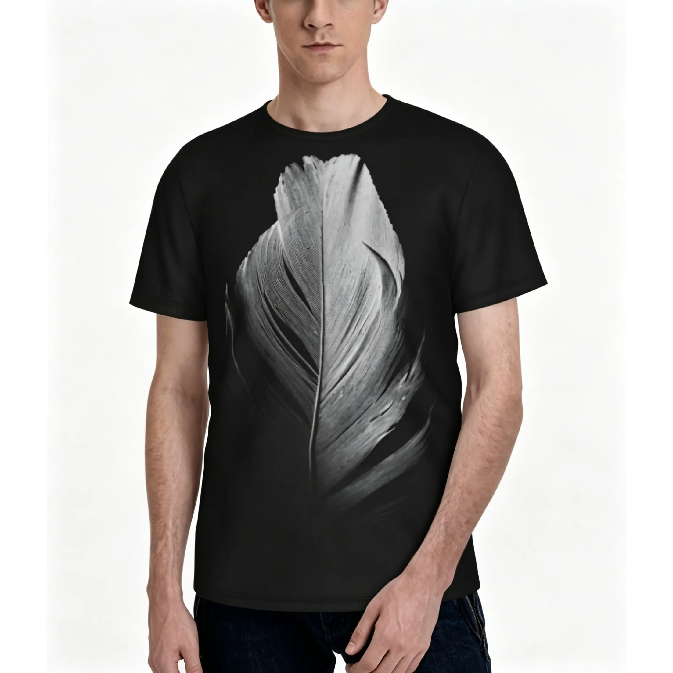Menswear Casual Round Neck Short-Sleeve 3D Printed T-Shirt, Unisex Black & White Feather All-Over Print Top, Comfortable Outdoor/Party Clothing, Couple Pattern Gift for Friends