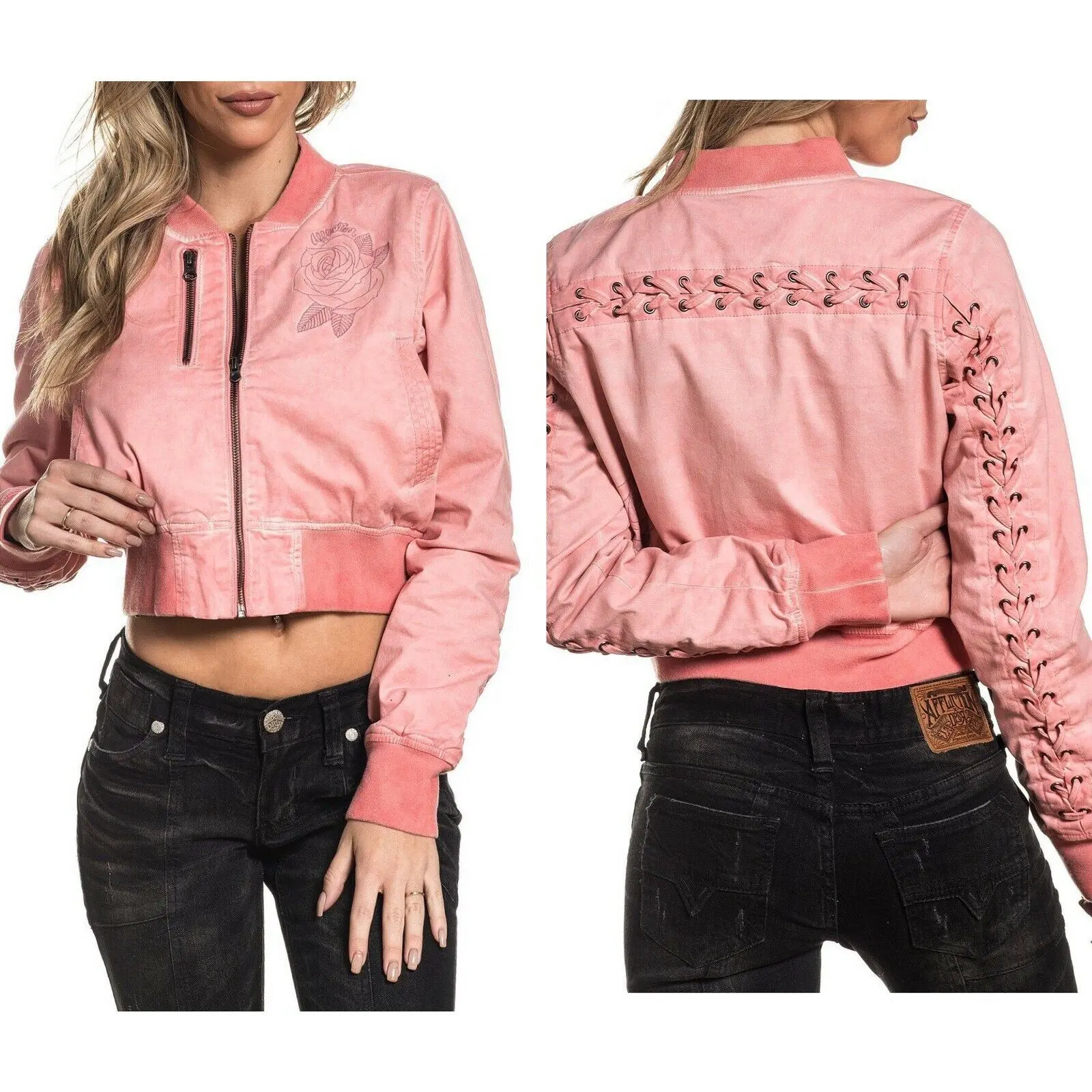 Affliction Women's Tops, Reversible Alternative Style Lace-Up Cotton Bomber Jacket with Embroidery, Letters, and Pockets