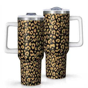 Leopard Pattern 40oz Stainless Steel Insulated Tumbler, Handle & Straw Lid, Large Capacity Travel Cup