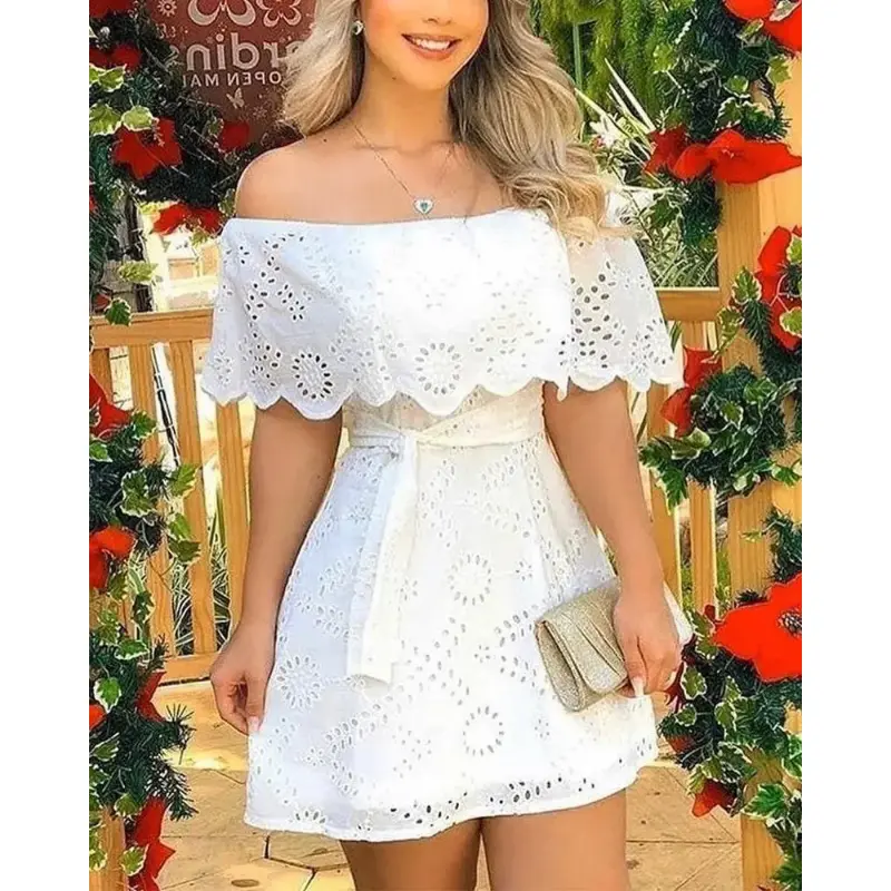 Women's White Off-Shoulder Short Dress with Long Sleeves, Casual Hollow Out Lace-Up Detail for Summer Holiday, Gowns