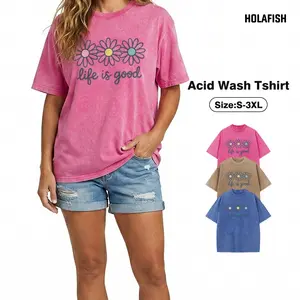 Holafish Womens Acid Washed T-Shirt with Daisy Print Drop Shoulder Design for Vintage Streetwear Unisex Baggy Hip Hop Style Acid Washed Graphic Tee Mother's Day Gift
