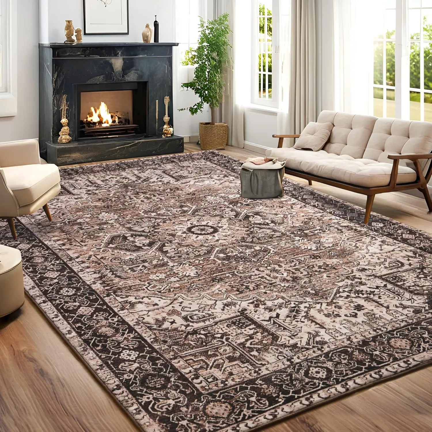 junovo Vintage Printed Boho Accent Rug, Low Pile, Machine Washable Rugs for Living Room, Suitable for Bedroom Home Decor, Black Friday & Cyber Monday Pick, Boho Rugs Boho Area Rug Western Cowhide Rug