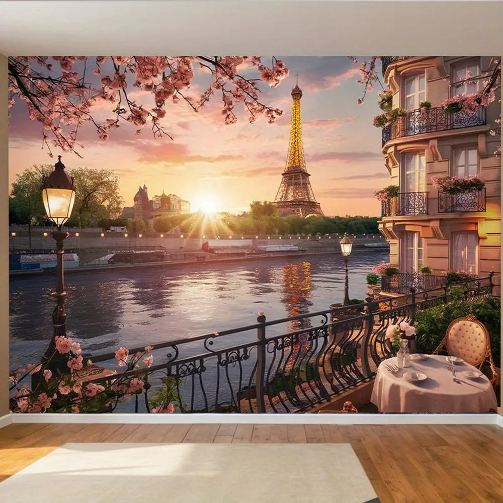 1PC,2D Flat Romantic Dusk by Seine River in Paris Backdrop, Eiffel Tower & Cherry Blossom Balcony Scenery Tapestry, Decorative Hanging Cloth for Bedroom & Living Room, Background Cloth for Live, Birthday, Polyester, Happy Birthday, Photo Booth