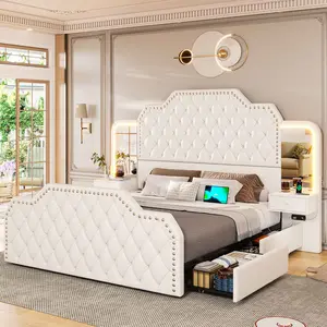 SIKAIC Modern PU Leather Upholstered LED Bed Frame - Sturdy Base, 2 Nightstands, White Bed Frames with Integrated LED Lights
