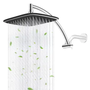 Hibbent Rain Shower Head with 12" Shower Head Extension Arm, 10" High Pressure Boosting Rainfall/Fixed Showerhead 2.5 GPM, Metal Shower Head Extender Adjustable Height Angle, Easy 1-Min Installation, Chrome