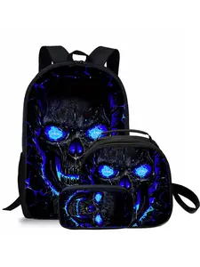 Skull pattern printed 17-inch backpack three-piece set (single-layer backpack + shoulder strap round lunch bag + single-layer pencil bag)
