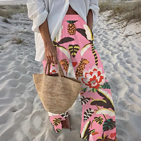 Jungle Leopard Print Pants, Elastic Waistband, Comfortable Holiday Wear.