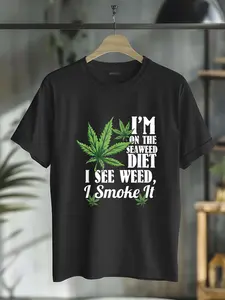 Women's 100% Cotton Short-Sleeve Round Neck Casual Distressed Graphic T-Shirt, Funny Weed Stoner "See Weed Smoke It" Design