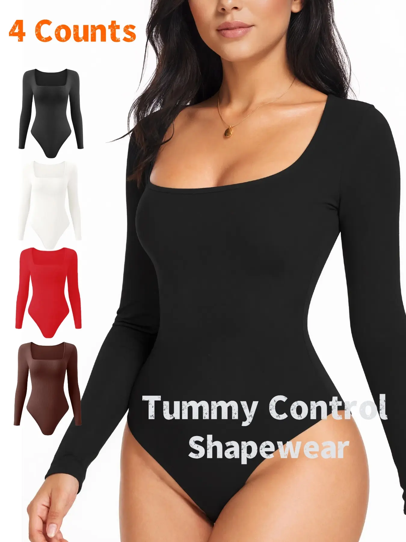 Women's Long Sleeve Shapewear Bodysuit, Thong Design, Square Neck Slimming Tummy Control, Ladies Underwear & Shapewear