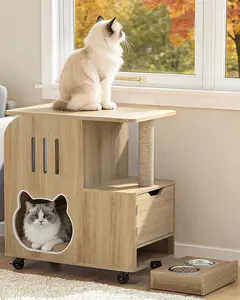 All-in-1 Wood Cat Feeding Station Rolling Cart - 2 Feeding Bowls (Dual Bowl Setup), Scratcher End Table, Litter Box Enclosure, Kitten Condo Pet Furniture with Moving Wheels