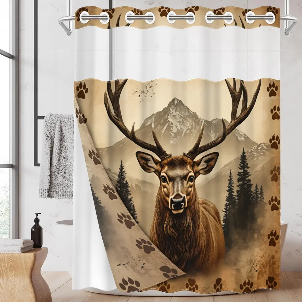 1pc hookless shower curtain with buckle lining, tan elk and snow-capped pine forest paw print design, 2D flat printing, waterproof fabric lining, double-layered shower curtain with see-through window, 71 x 74 inches, Shower Curtain Liner, Bathroom Curtain