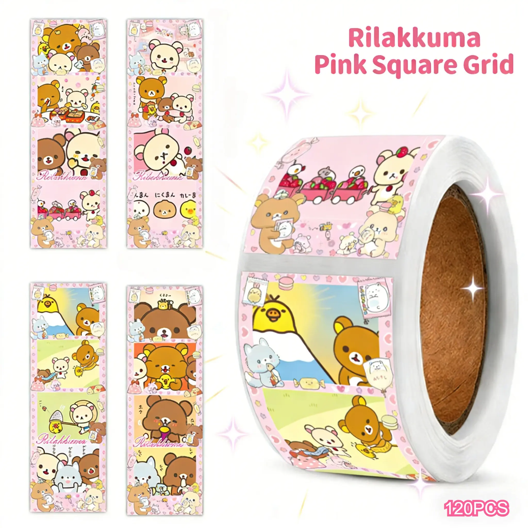 120Pcs Rilakkuma Grid Cute Sticker Roll Adhesive Stickers Sealing DIY Decals for Cup, Laptop, Luggage, Notebook, Scrapbooking, Scrapbook Accessories, Valentine, Birthday Gift