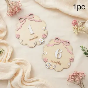 Baby Age Wooden Plaques Set 1-12 Months Bow Flower Style Infant Growth Photo Props, Wooden Milestone Memorial Cards, Yang Wood, Decorative Plaque