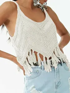 Women's Plain Fringe Trim Cami Top, Casual Fitted Sleeveless Top for Summer, Fashion Women's Knitwear for Daily Wear