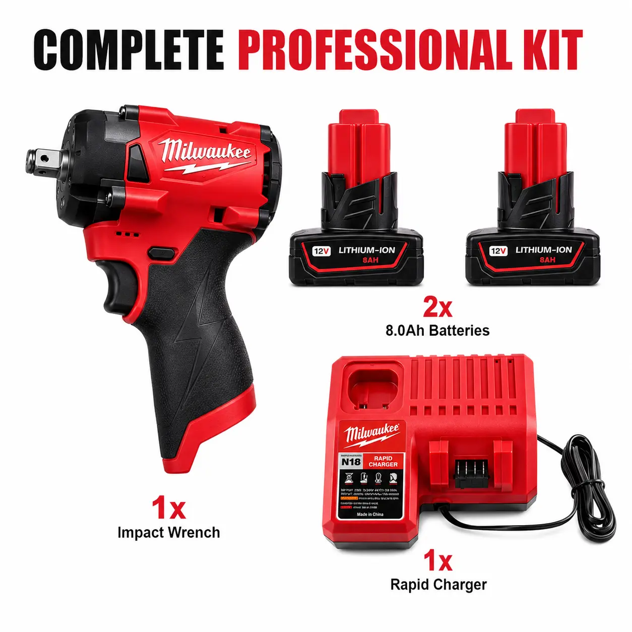 Milwaukee M12 12V 1/2" 300Nm Right-Angle High Torque Impact Wrench - 1pc, 71mm Slim Head Compact DIY Power Tools, Mechanic Equipment for Tight Undercarriage Suspension Bolts Access