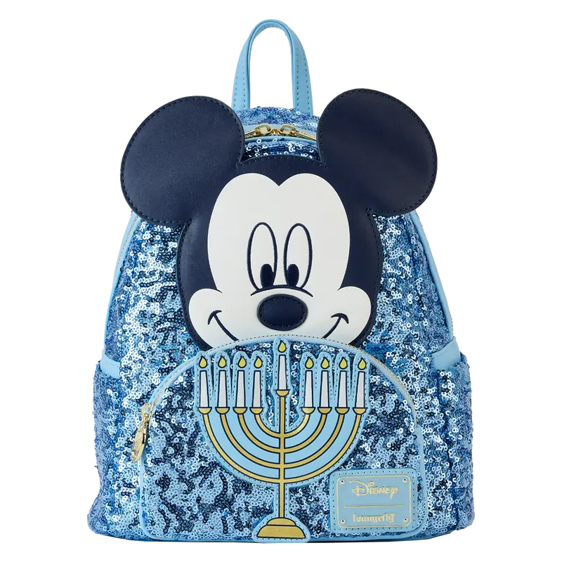 Disney Mickey Mouse Happy Hanukkah Glow in the Dark Mini Backpack, Sequin Vegan Leather Bag for Festival of Lights, Hanukkah Celebration, Mickey Happy, Mini Backpack Purse