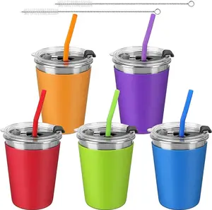 5-Pack Kids Cups with Straws and Lids Spill Proof, 12oz Toddler Straw Cups with Colorful Silicone Sleeves, Unbreakable Stainless Steel Water Tumblers for Cold & Hot Drinks