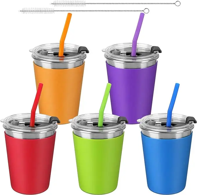 5-Pack Kids Cups with Straws and Lids Spill Proof, 12oz Toddler Straw Cups with Colorful Silicone Sleeves, Unbreakable Stainless Steel Water Tumblers for Cold & Hot Drinks