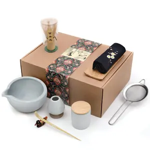 9pcs Matcha Tea Set  Bowl With Pouring Spout Whisk Ceramic Holder Scoop Powder Traditional Handmade Ceremony Gift Box Kit