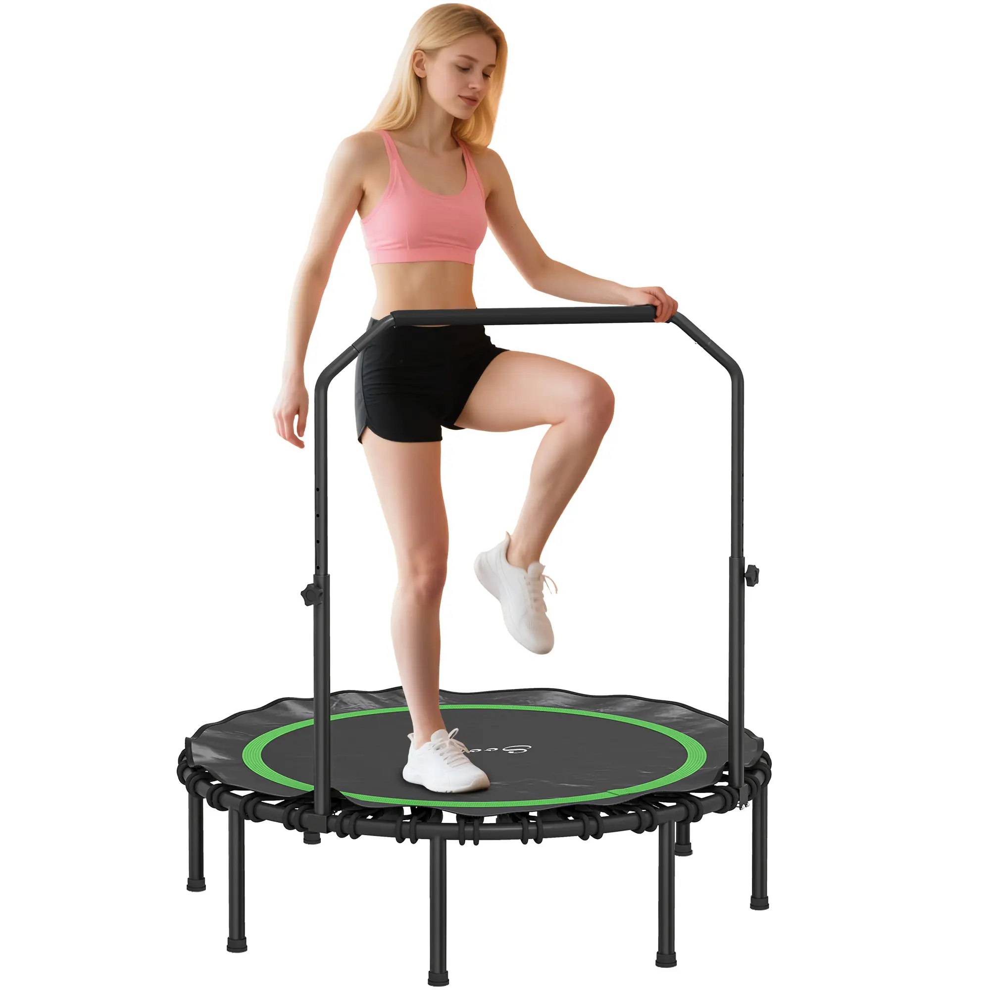 Soozier Exercise Trampoline, 48 In Foldable Bungee Rebounder with Steel Frame for Adults, Quiet Cardio Trainer with 5-Level Adjustable Handlebar for Indoor-Outdoor Fitness, Green, Home Gym, Adjustable Bar, Cardio Training, Joint Protection, Quiet Bounce,,