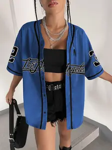 Women's Number Print Baseball Jersey, Casual Fashion Loose Letter Print Short Sleeve Button Design Blouse for Daily Wear, Ladies Clothes for All Seasons, Sports Top