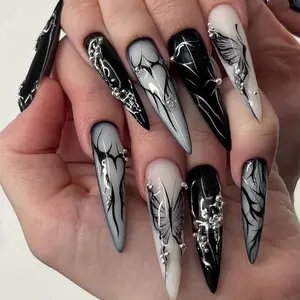 24 PCS Gothic Glow-in-The-Dark Press on Nails - Halloween Vampire Witch Claws with Jewel Rhinestones