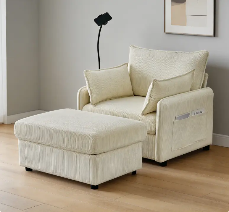 55-Inch Beige Minimalist Oversized Corduroy Chaise Lounge Comfy Couch, Single Sofa with Deep Seat, Ottoman, Built-in Storage and Pillows, Space-Saving Indoor Furniture for Home, Storage Organizer