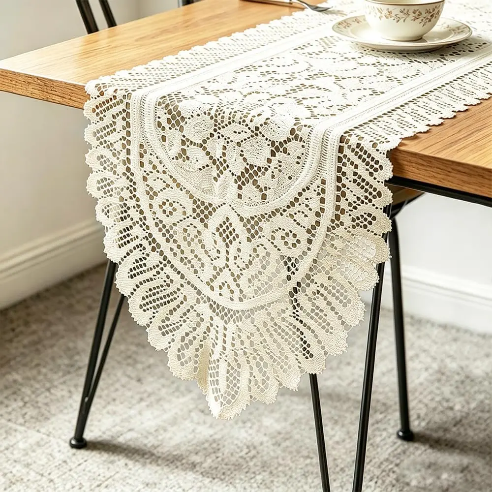 2 Pack Cotton Crochet Lace Rectangular Table Runner Dresser Scarf Doilies (Beige Without Tassels)