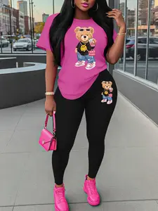 Women's Plain Tee & Bear Print Skinny Pants Two-Piece Matching Set, Casual Fashion Cozy Round Neck Short Sleeve T-Shirt & Trousers for Daily Outdoor Wear, Ladies Summer Clothes