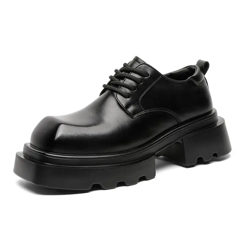 Men's Oxfords - Unisex Rock Japanese Cuban Ankle PU Leather Shoes, Glossy Geometric Square Toe, Lace-Up, Thin Rope Lugs, Rear Pull Tab, Layered Serrated Platform Sole, Casual Street Daily Walking Footwear