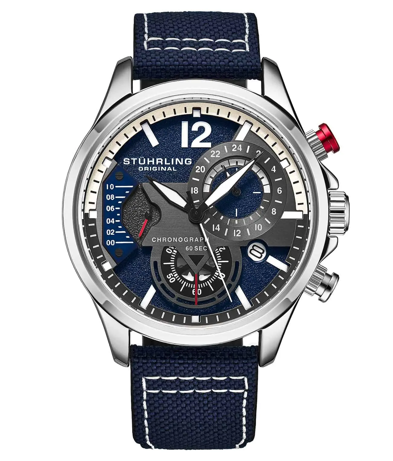 Aviator Chronograph Watch, Unisex 45mm Round Quartz Watch with Alloy Bezel, Rugged Cordura Canvas and Leather Strap for Adventure, Sports