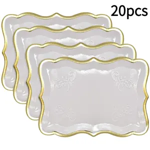 10 White Rectangle Trays with Gold Rim Border for Dessert Display Table Parties 9" X 13" Disposable Paper Cardboard in Elegant Shape for Platters Cupcake Disposable Paper CardboarGold Rimmed Rectangular Tray with Golden Edges Party Disposable Paper Plates