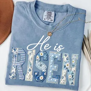 Comfort Colors PRINTED He is Risen Blue Toile Patchwork Easter T-shirt, Chinoiserie Shabby Chic, Cottagecore Jesus Varsity Faith, Blue White Quilt