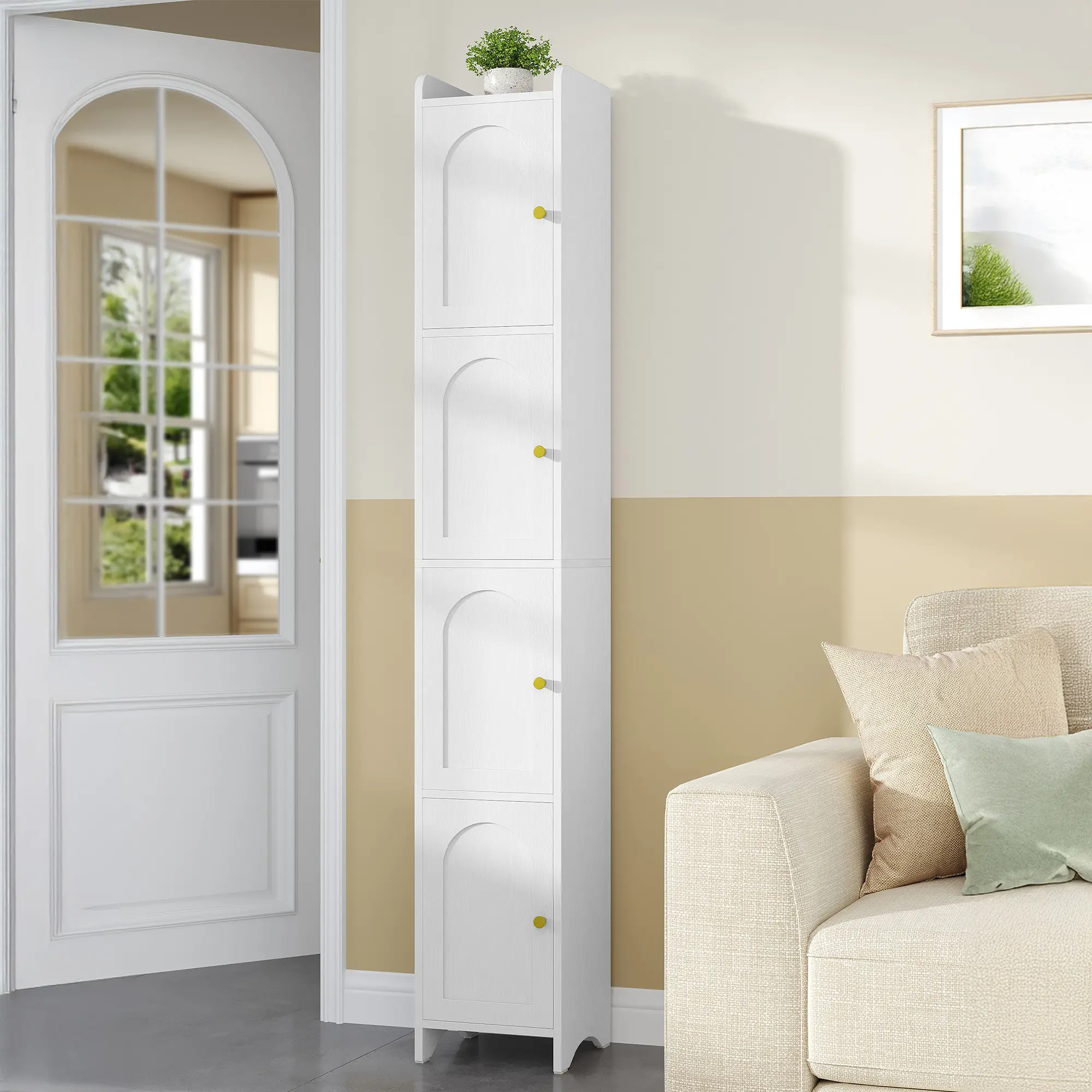 Hzuaneri Bathroom Storage Cabinet, Tall Corner Floor Cabinet with 4 Doors and Adjustable Shelf, Narrow Toilet Paper Cabinets, Bathroom Organizer for Small Spaces, 11" W x 11" D x 70.9" H White