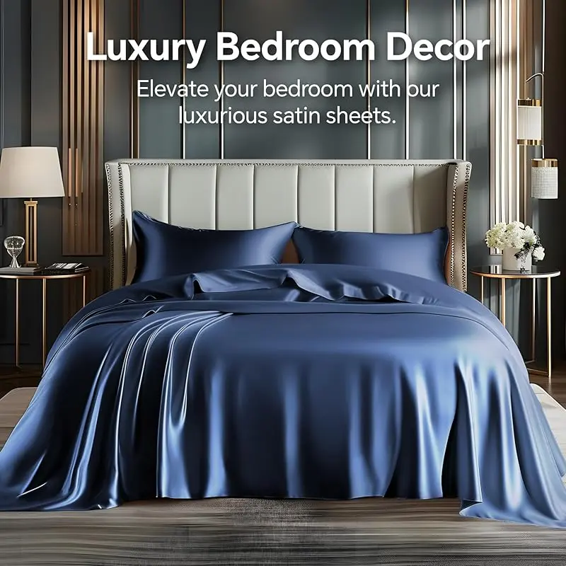Light Blue Satin Bedding Sets - 3/4 PCs Hotel Quality, Buttery Smooth Airy Silky, Hair & Skin-Friendly, Refined Elegance, Includes 1 Deep-Pocket Fitted Sheet (Fits Mattresses Up to 15 Inches), 1 Flat Sheet, 1/2 Pillowcases