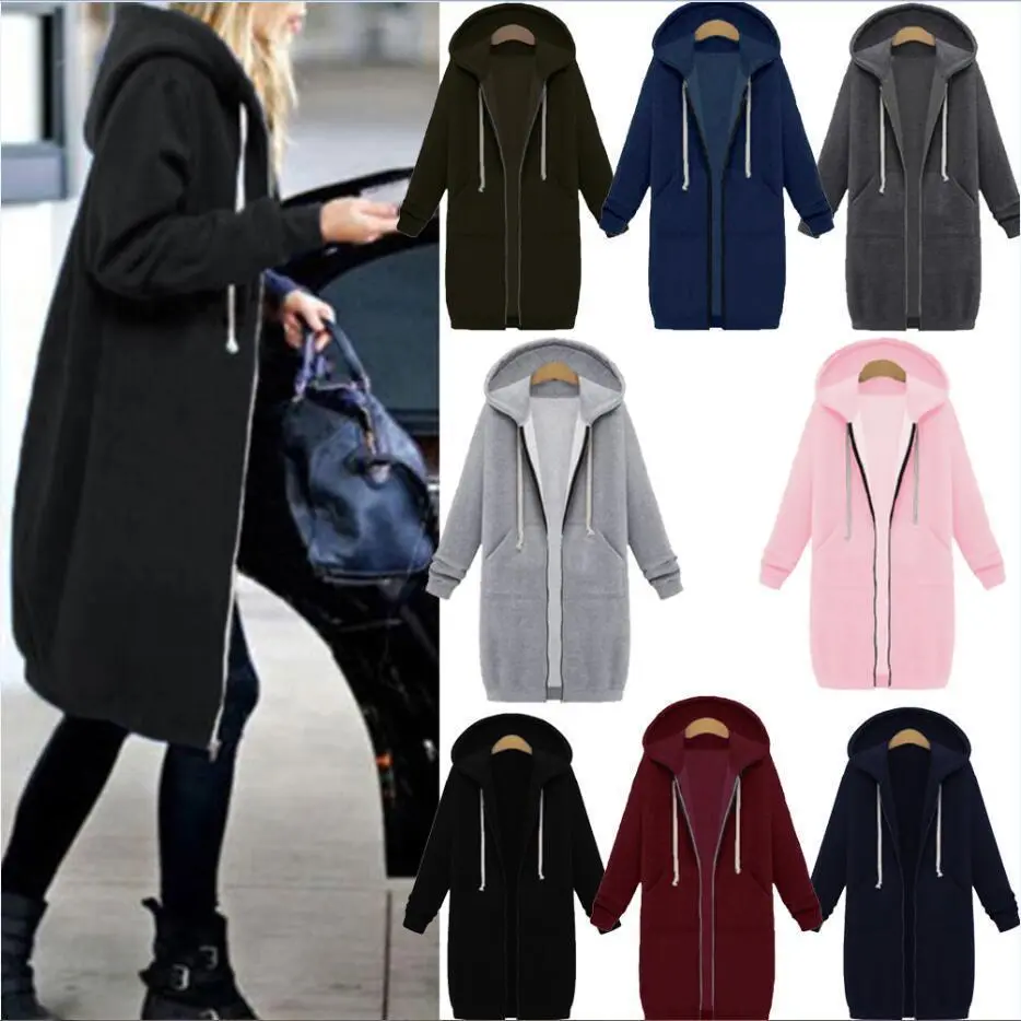Hooded Long Sleeve Sweater Fleece Long Jacket Blue Army
