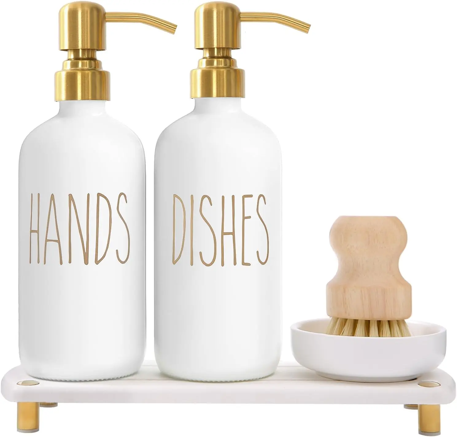 Ceramic Gold Soap Dispenser Set with Stainless Steel Press Pumps, Smooth Instant-Dry Tray, Reusable Dish Scrub Brush, Ceramic Stone Freestanding Design - Ideal for Cleaning in Farmhouse Kitchen, Home Bathroom Supplies