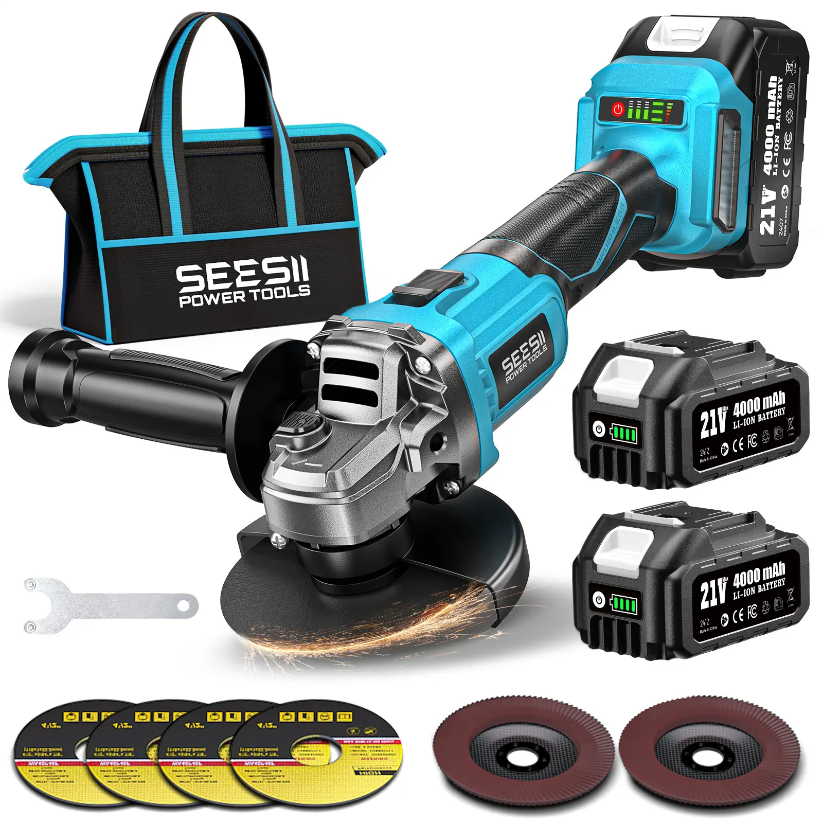SEESII Cordless Angle Grinder Kit with 2x4.0Ah Batteries, 10000RPM Brushless Electric Metal Grinder w/ 4-1/2" Cutting Wheel, Flap Wheel, and Wool Carving Wheel for Precision Cutting & Grinding