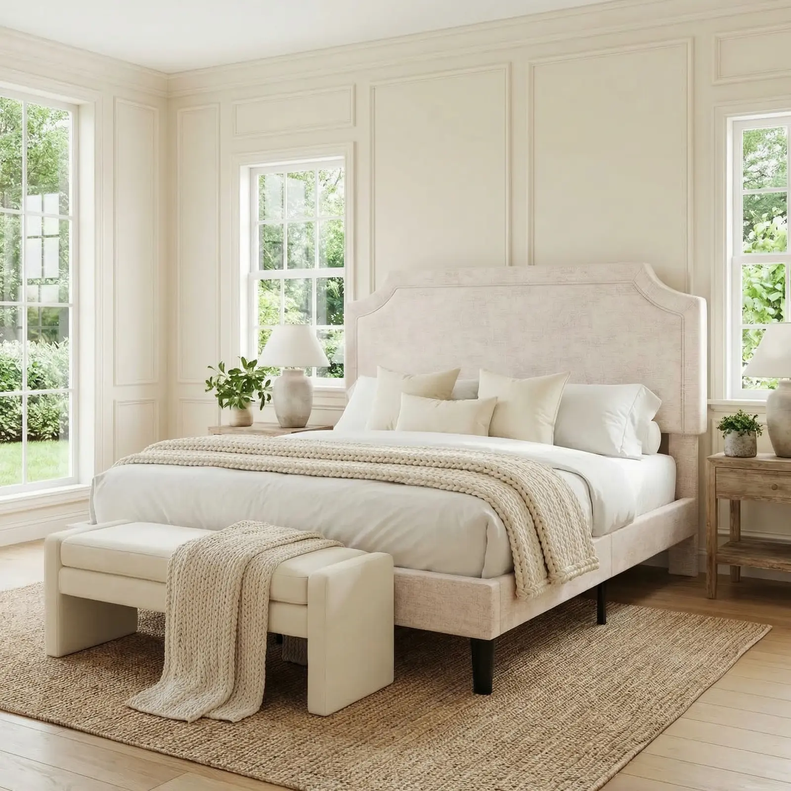 HOOMIC Upholstered Platform Bed Frame, Velvet/Chenille Finish with Adjustable Headboard, Wood Slats, No Box Spring Needed, Full/Queen/King Sizes in White/Beige/Black/Grey/Khaki Yellow#TikTokShopDealsforYouDays#DealsforYouDays#Summervibes#Summergarden