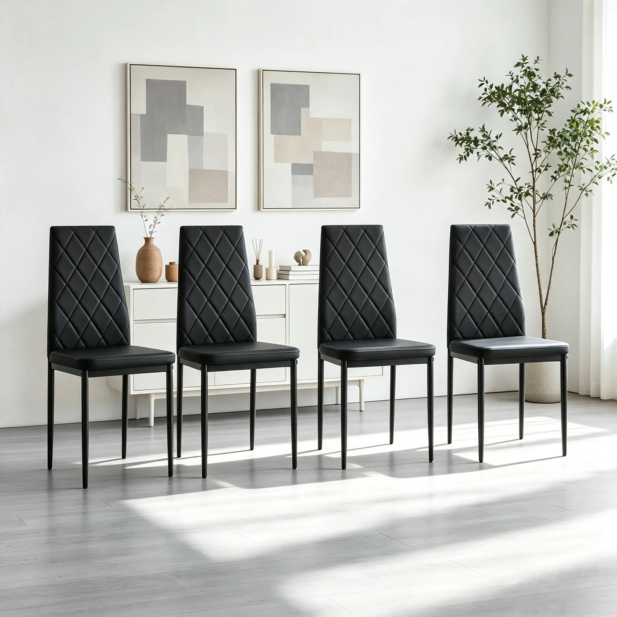 Modern Minimalist PU Leather Dining Chairs (4-Pack) - Armless, Straight Leg, Diamond Stitched Upholstered Kitchen Seating with Ergonomic Backrest, Waterproof, Wipe Clean for Dining Room, Apartment, Black