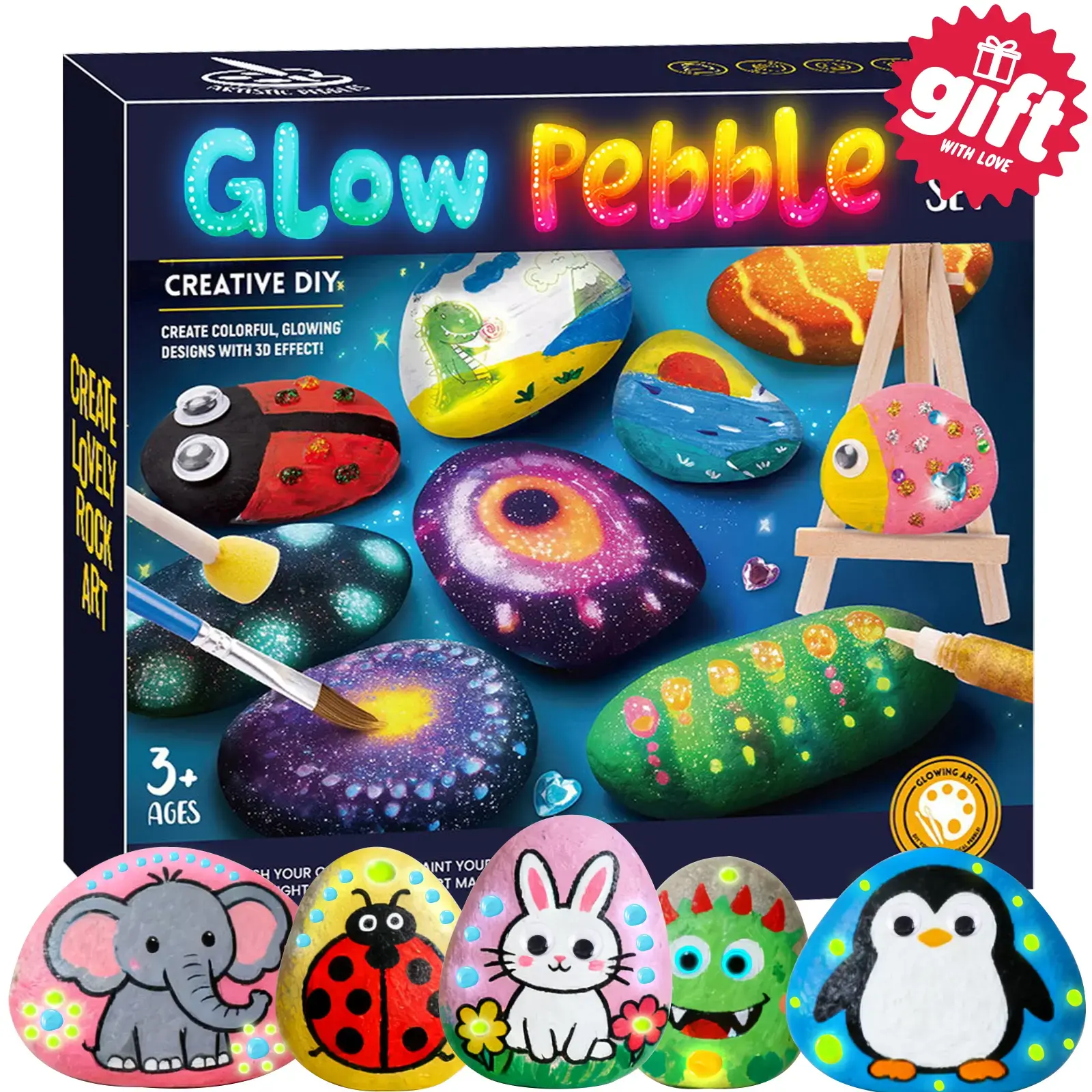 Glow in the Dark Rock Painting Kit for Kids Ages 6-12, Art Supplies & Crafting Kit with Color Palette, Paint Brushes, Decal Stickers, DIY Sensory Toy, Valentine Classroom & Birthday Gift, Art Supplies Kit, Art Crafting Kit