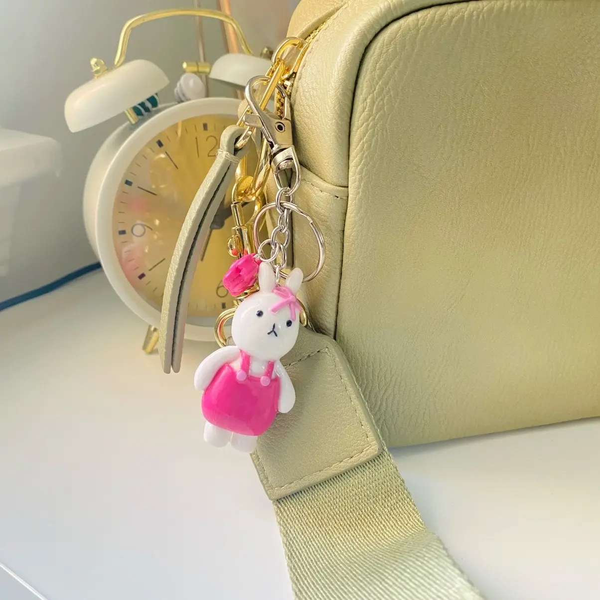 Cute Bunny Polymer Clay Keychain - Pink and White Design, Keyring Attachment, Ideal for Everyday Use