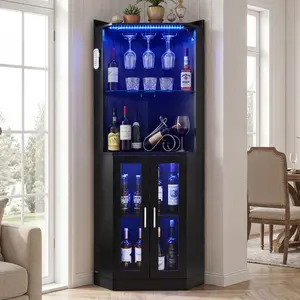 Corner Wine Cabinet And Bar Cabinet With Ample Storage, Modern Buffet Sideboard With Glass Holder, Adjustable LED Lighting, Anti-Tip Strap, Suitable For Home Kitchen, Living Room, And Dining Room, Black Wood Finish