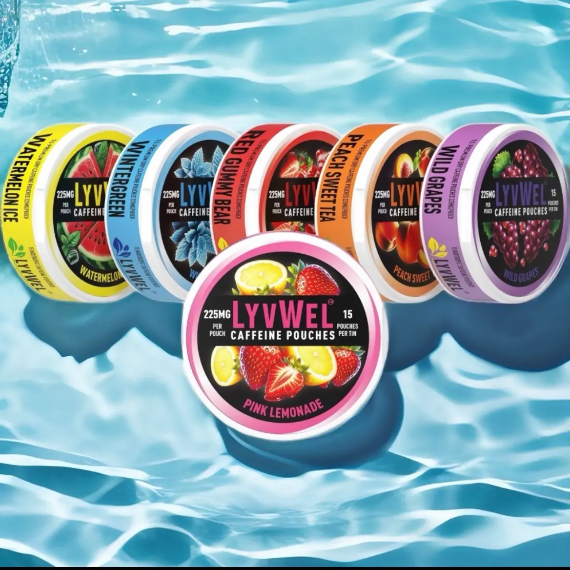 LYVWEL 225mg Sugar-Free Guarana Nootropic Energy Beverage Pouches Variety 5-Pack - Watermelon, Pink Lemonade, Red Gummy, Wintergreen, Wild Grape - Gluten-Free Caffeine Boost, Fitness Fuel, Energy Support, Healthy Hydration Drinks (Cans Option Available),,