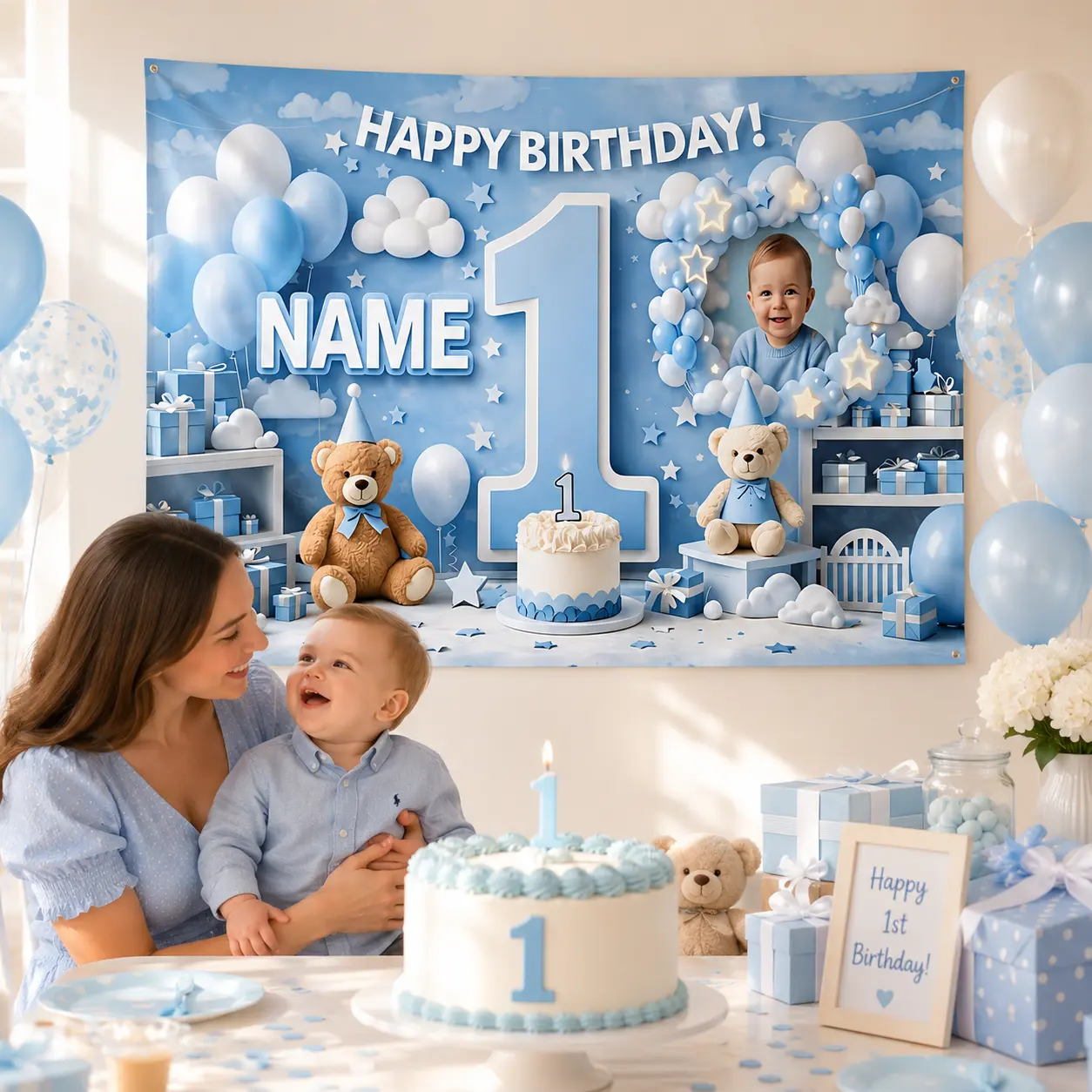Custom Baby First Birthday Backdrop Tapestry Personalized Photo Name Blue Boy Milestone Celebration Banner Party Wall Decor for Kids Room